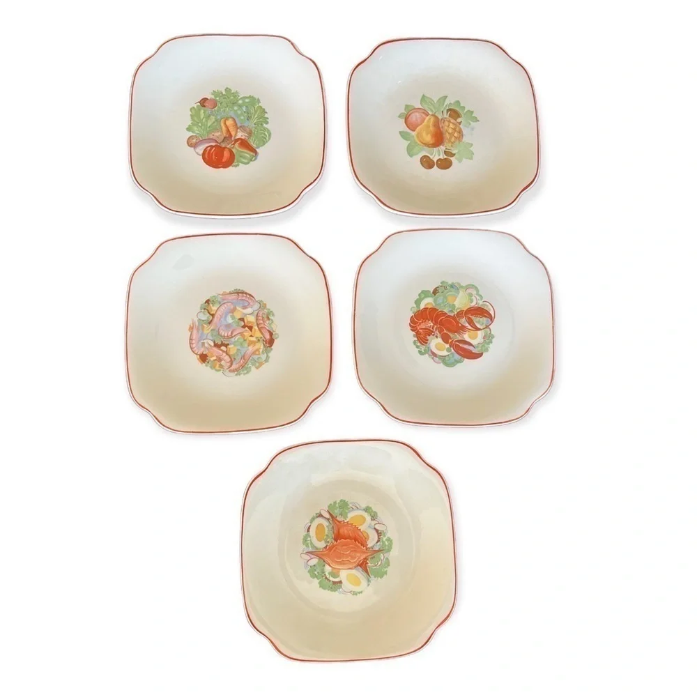 CAMWOOD IVORY Vintage 40’s 50’s Seafood Fruit Veggies Square Luncheon Plates